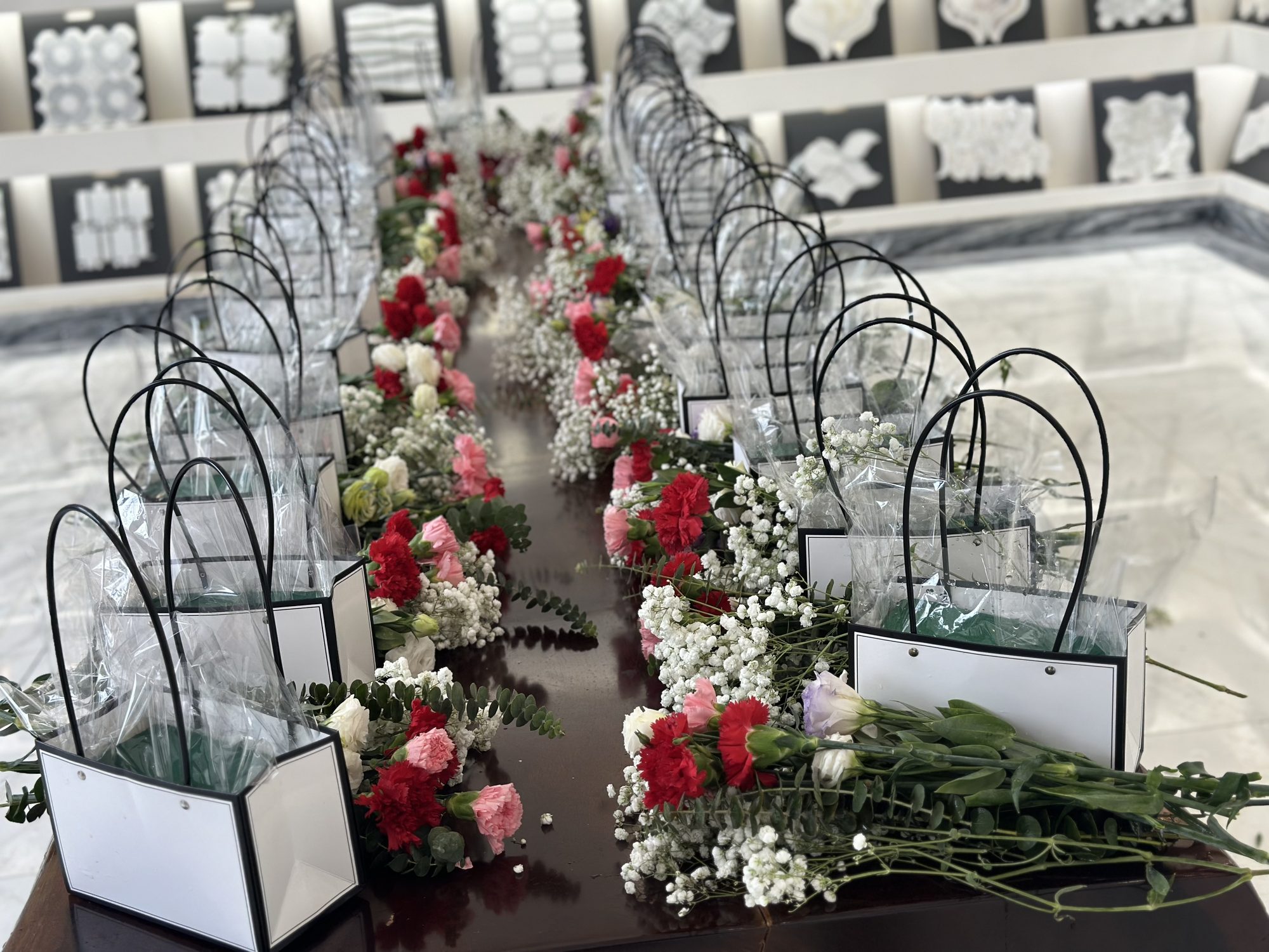 Flower arrangements on stands in the showroom